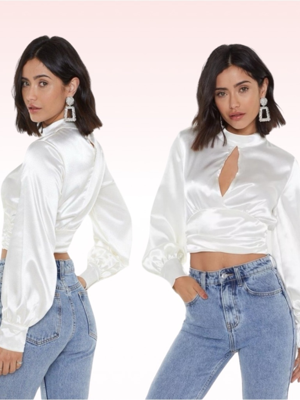 NASTY GAL Ivory White Satin Long Sleeve Crop Top (Sz 2)